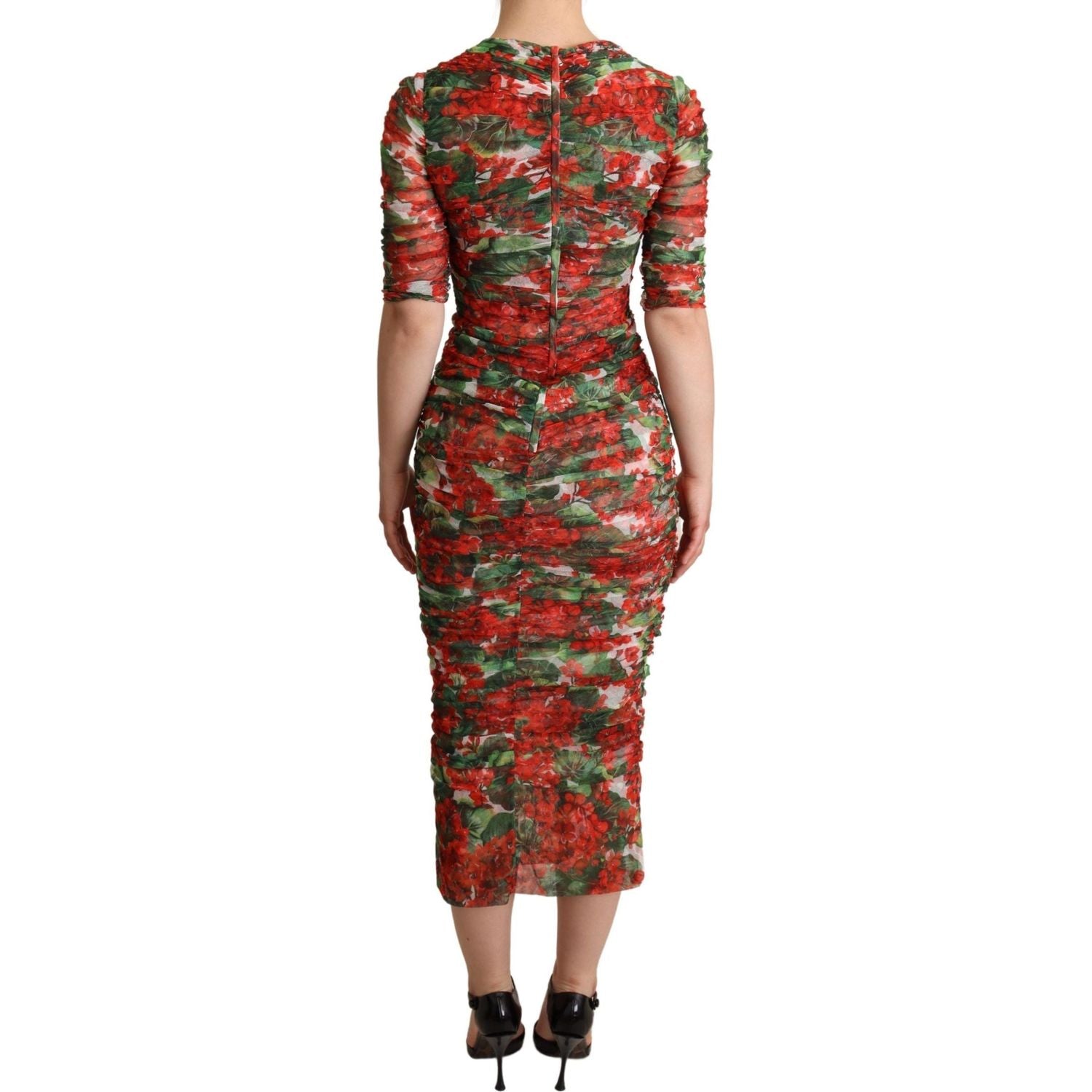 Dolce & Gabbana Red Floral Print Tulle Sheath Midi Dress