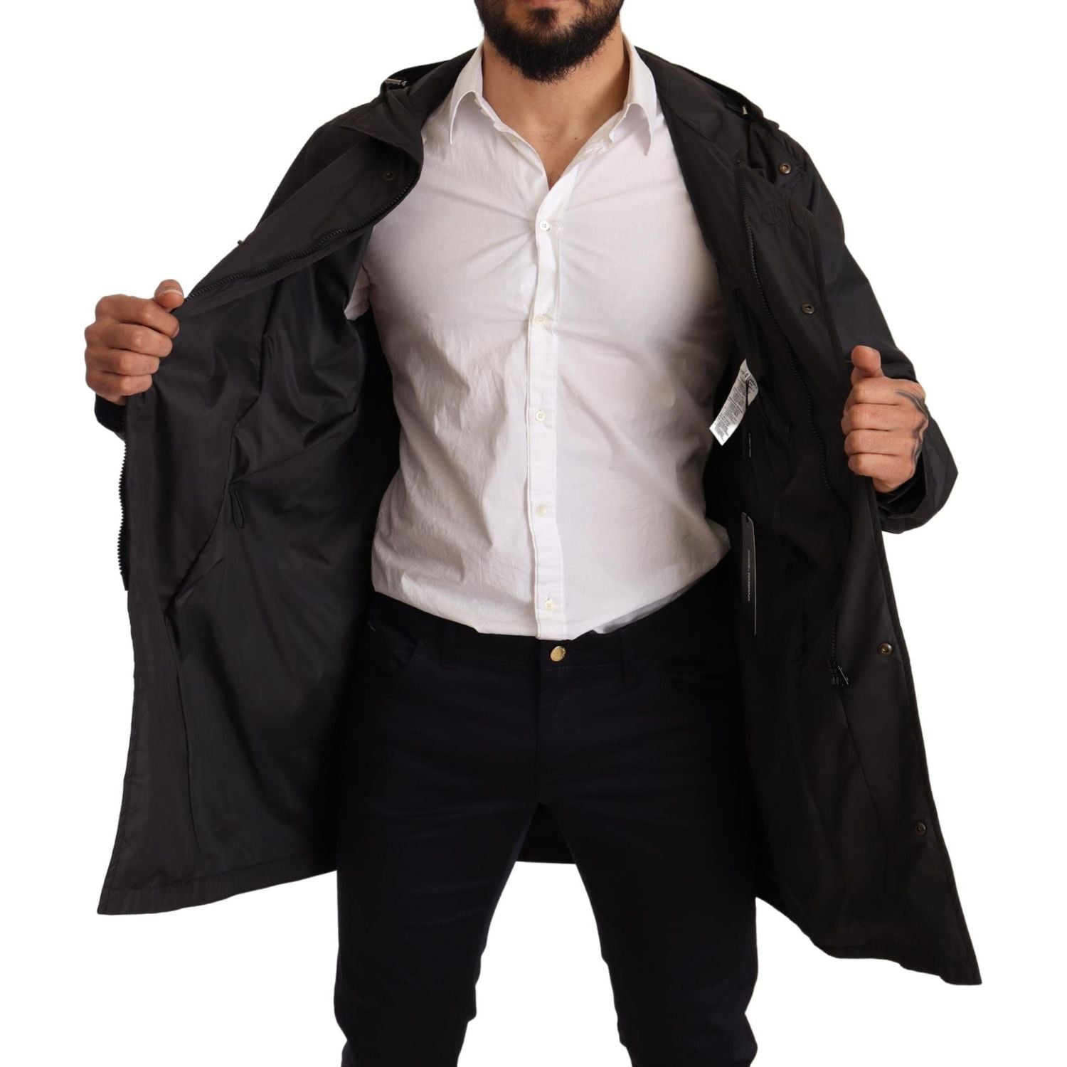Dolce & Gabbana Black Hooded Mens Trench Coat Jacket