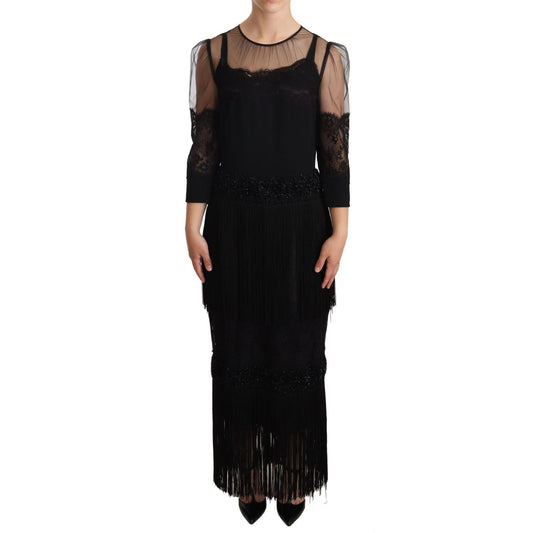 Dolce & Gabbana Elegant Lace Midi Dress in Black WOMAN DRESSES Dolce & Gabbana Rosy Brown