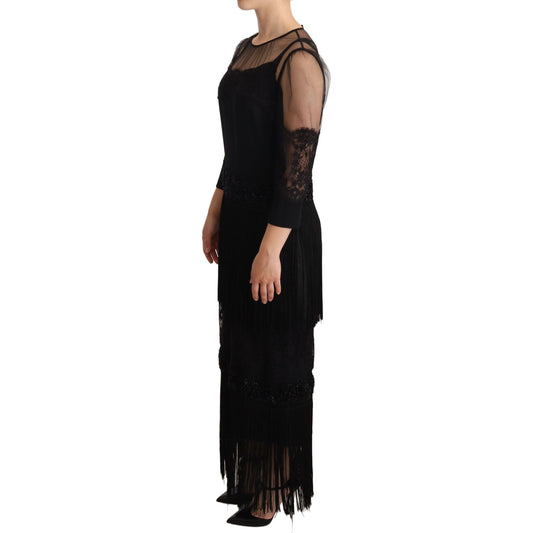 Dolce & Gabbana Elegant Lace Midi Dress in Black WOMAN DRESSES Dolce & Gabbana Rosy Brown