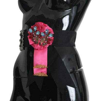 Dolce & Gabbana Black Pink Flower Brooch Crystals Cotton Belt WOMAN BELTS