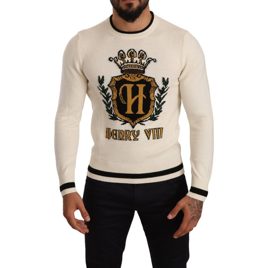 Dolce & Gabbana Elegant Snow-White Heraldic Cashmere Sweater Dolce & Gabbana Black