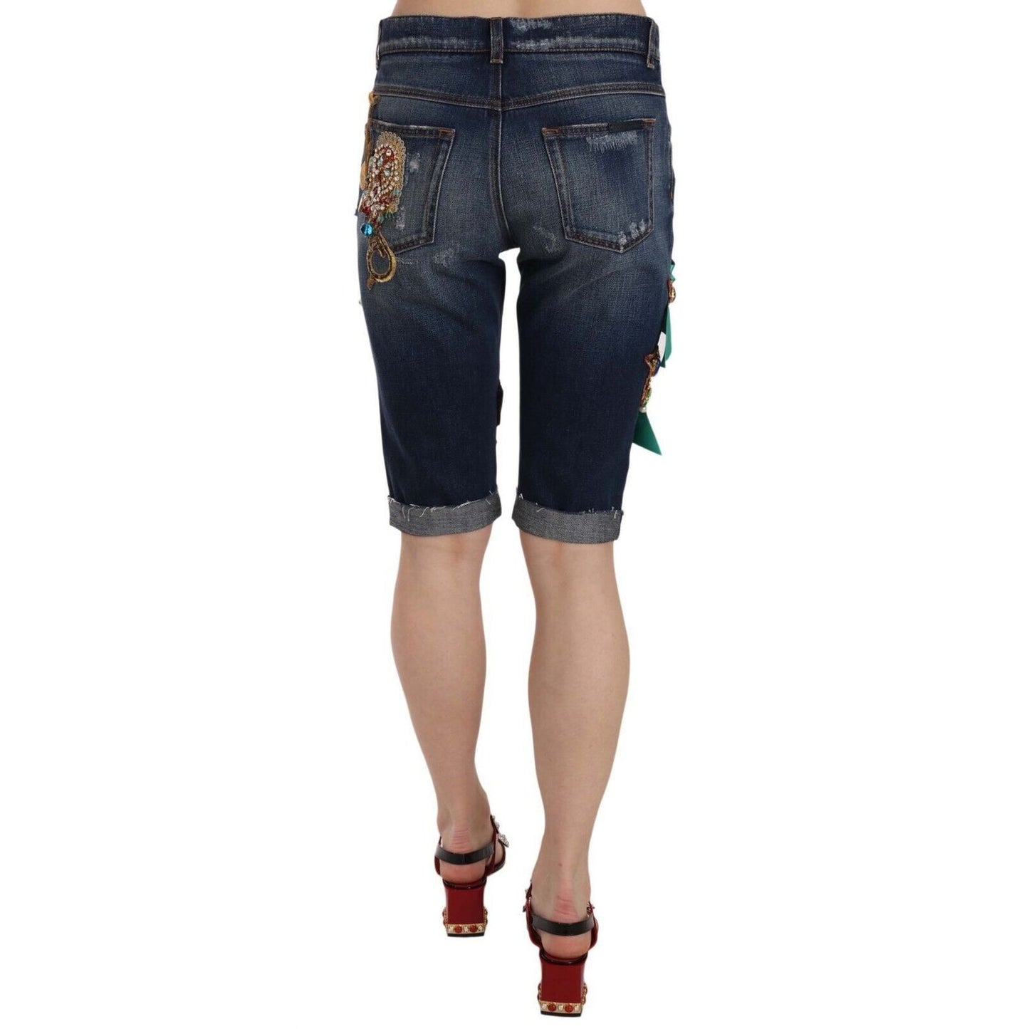 Dolce & Gabbana Blue Denim Mid Waist Crystal Capri Shorts