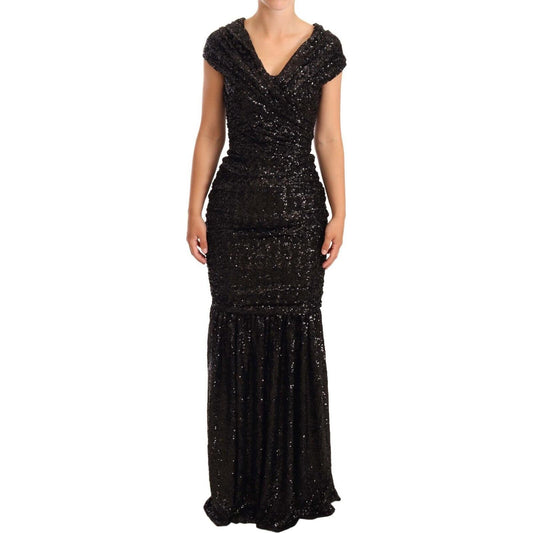 Dolce & Gabbana Elegant Black Sequined Open Shoulder Gown WOMAN DRESSES Dolce & Gabbana Tan