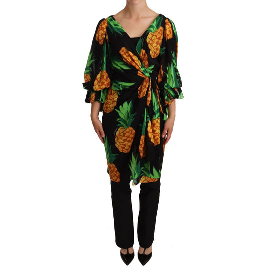 Dolce & Gabbana Vibrant Pineapple Draped Wrap Dress WOMAN DRESSES Dolce & Gabbana Dark Khaki