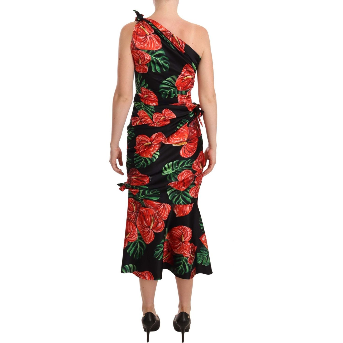 Dolce & Gabbana Black Shiny Silk Floral Print Draped Dress WOMAN DRESSES