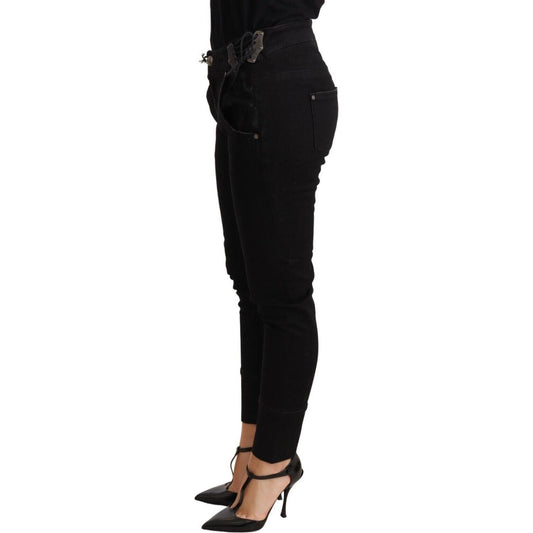 Ermanno Scervino Chic Low Waist Skinny Black Cotton Trousers Jeans & Pants Ermanno Scervino Black