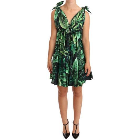 Dolce & Gabbana Green Leaves Print Cotton Flared Mini Dress