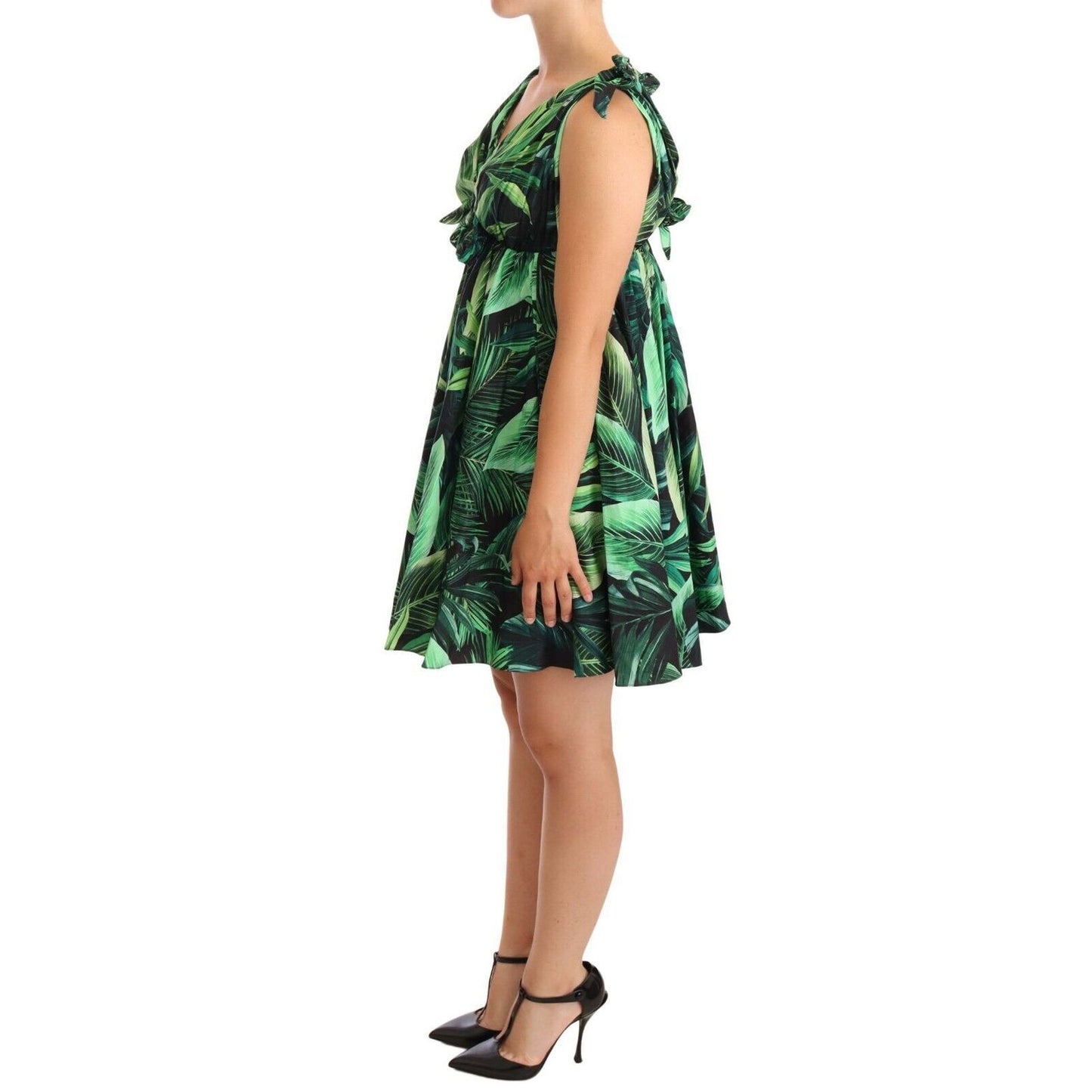 Dolce & Gabbana Green Leaves Print Cotton Flared Mini Dress