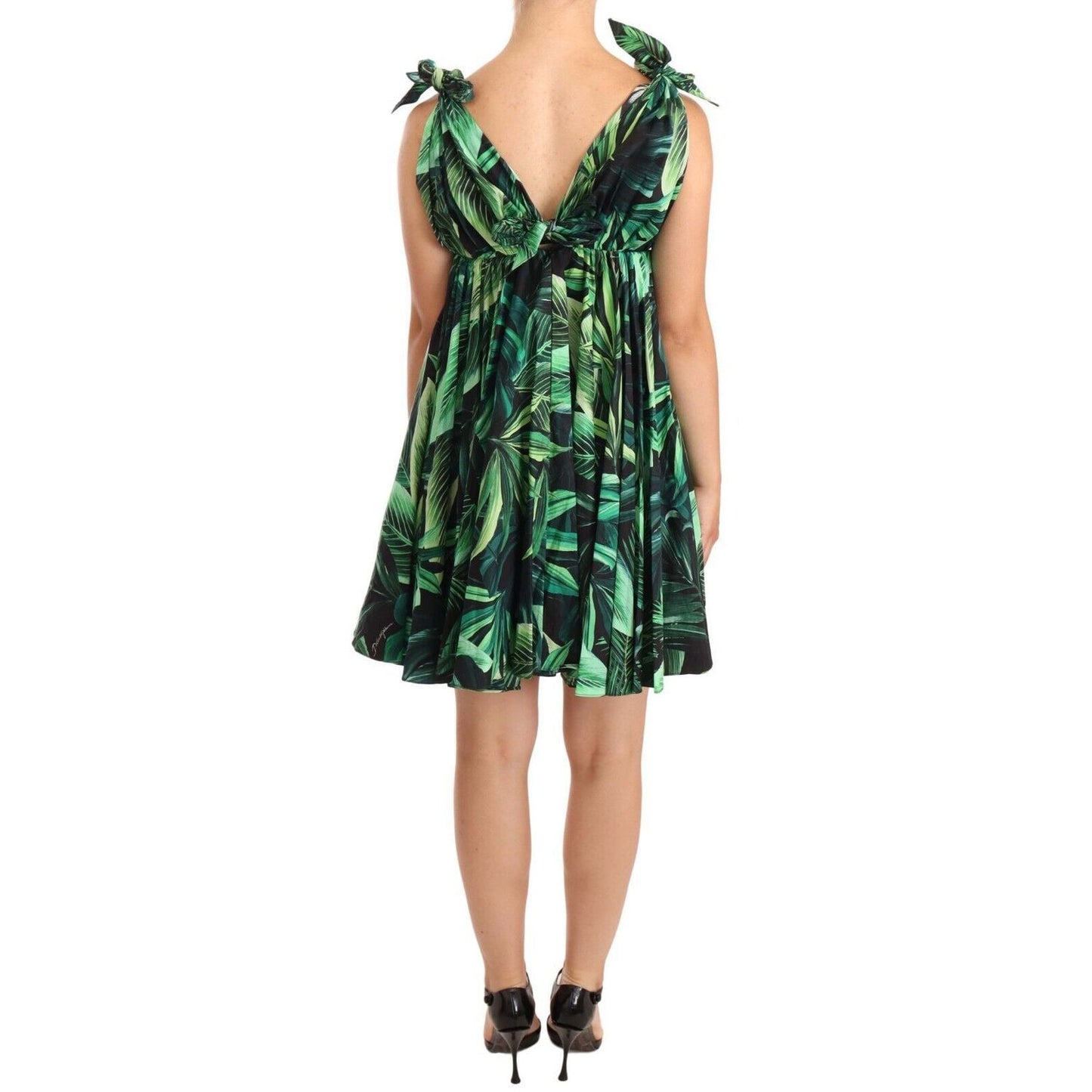 Dolce & Gabbana Green Leaves Print Cotton Flared Mini Dress