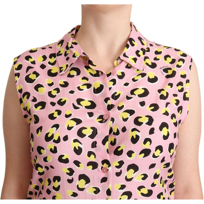 Love Moschino Pink Leopard Print Sleeveless Collared Polo Top WOMAN T-SHIRTS