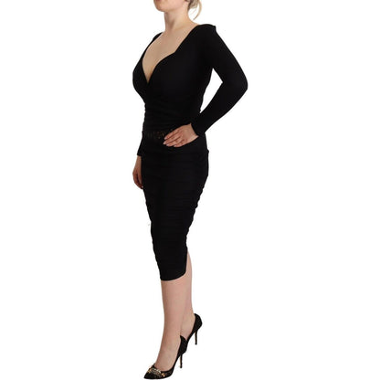 GF Ferre Black Long Sleeves Sweetheart Neck Midi Dress WOMAN DRESSES