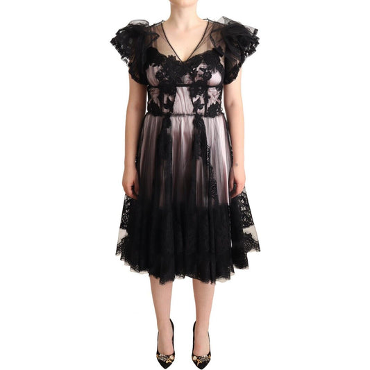 Dolce & Gabbana Chic Black Floral Lace Midi Dress Dolce & Gabbana Tan