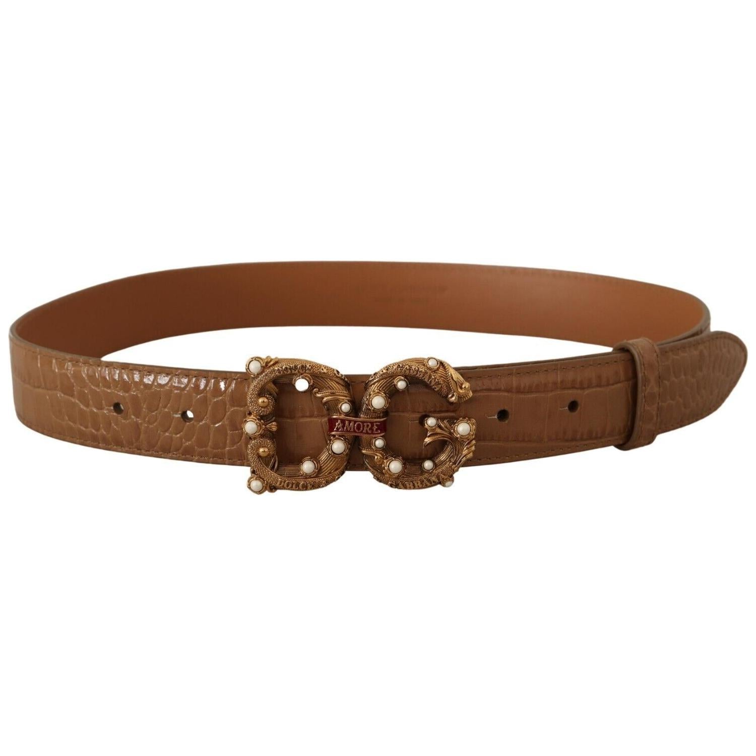 Dolce & Gabbana Brown Crocodile Pattern Leather Logo Amore  Belt