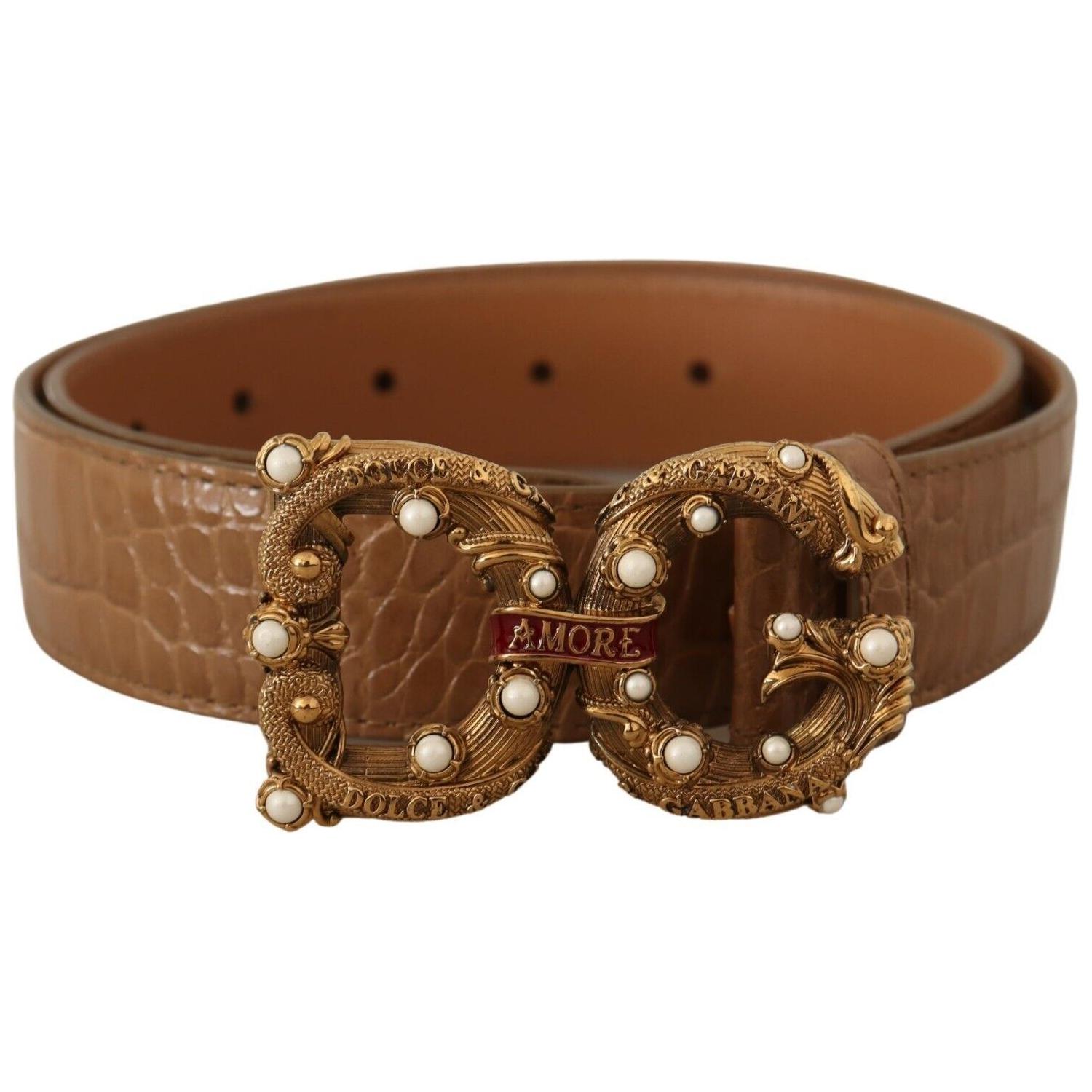 Dolce & Gabbana Brown Crocodile Pattern Leather Logo Amore  Belt
