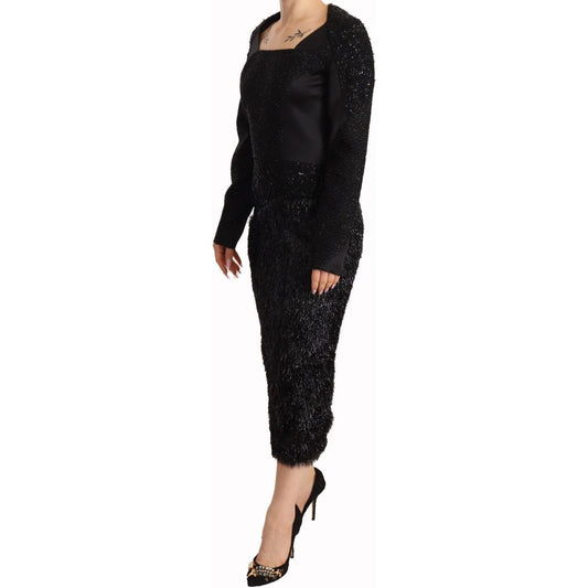 Masha Ma Elegant Black Embellished Sheath Midi Dress Masha Ma Black