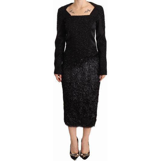 Masha Ma Elegant Black Embellished Sheath Midi Dress Masha Ma Tan