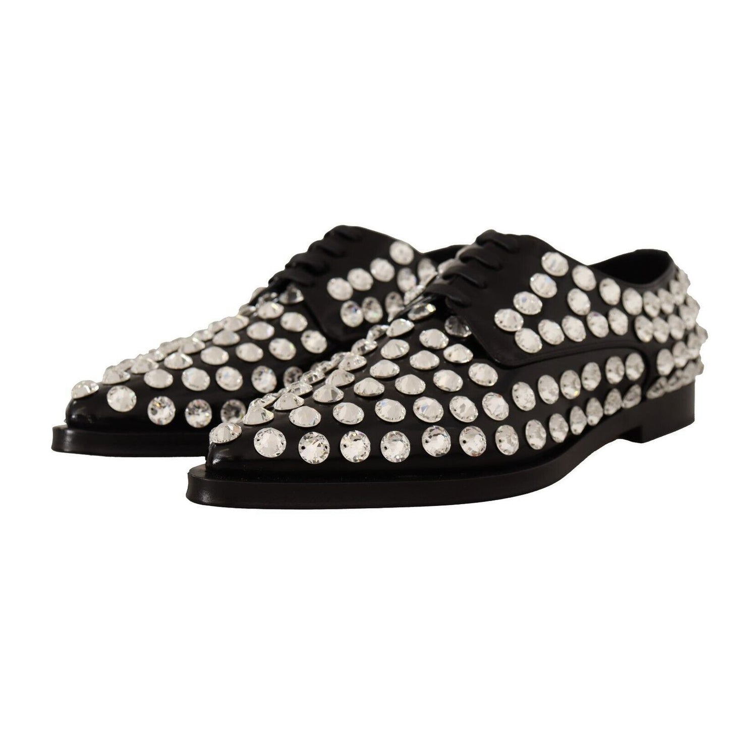 Dolce & Gabbana Black Leather Crystals Lace Up Formal Shoes