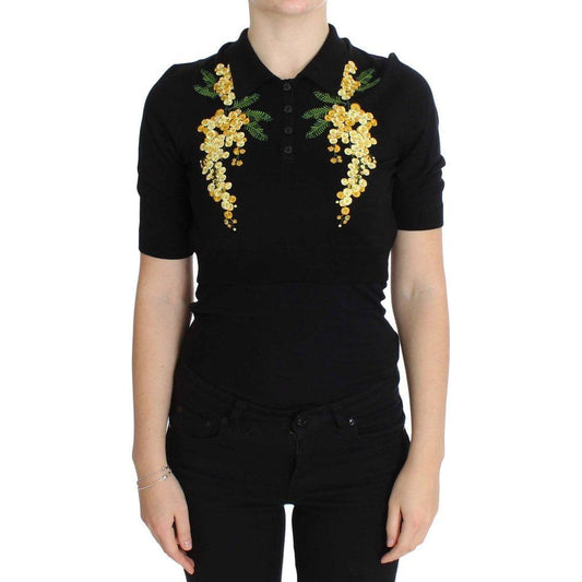 Dolce & Gabbana Elegant Black Silk Floral Polo Top Dolce & Gabbana Black