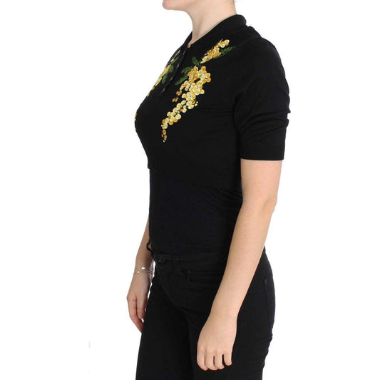 Dolce & Gabbana Elegant Black Silk Floral Polo Top Dolce & Gabbana Black