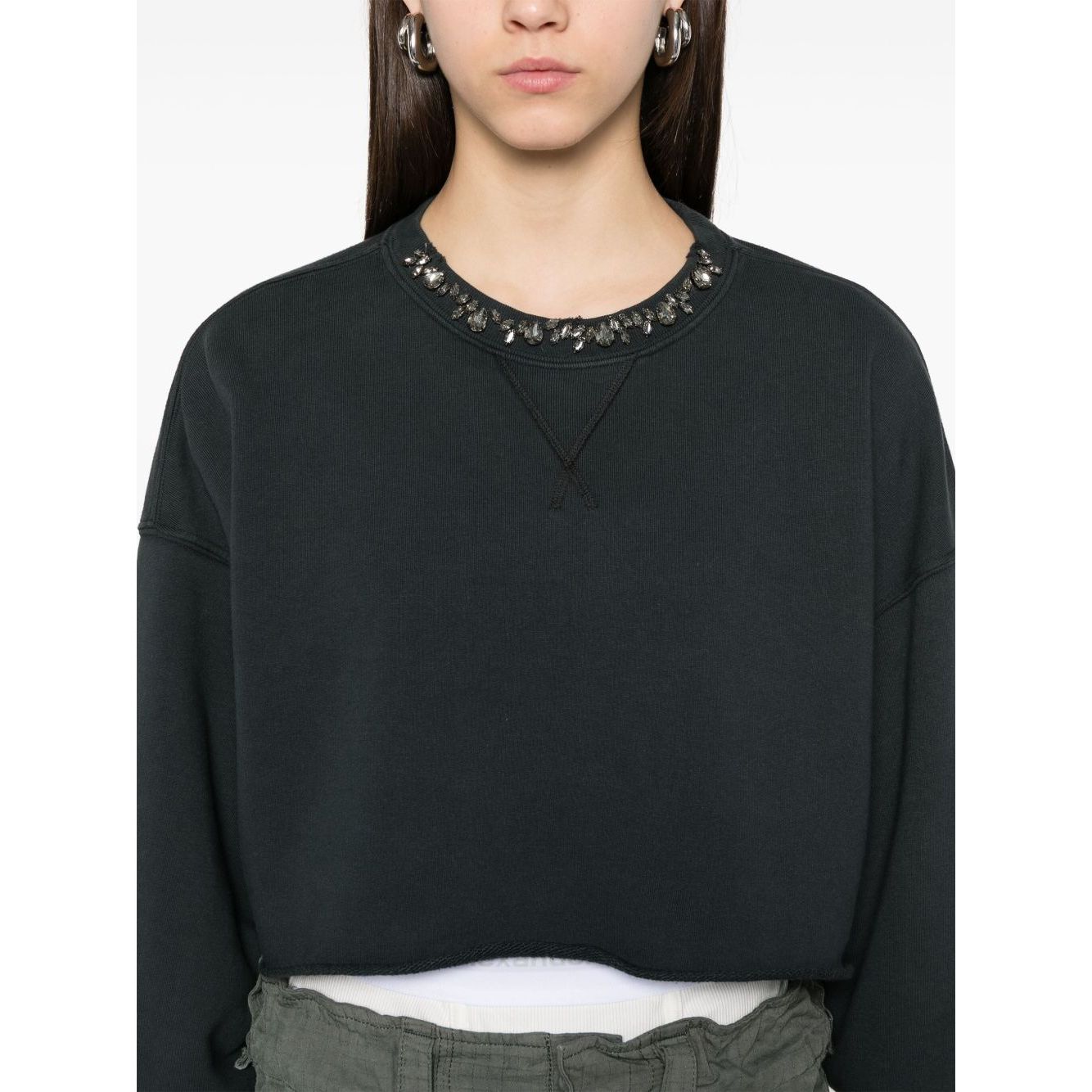 Golden Goose Cropped Cotton Sweatshirt with Crystals on the Front