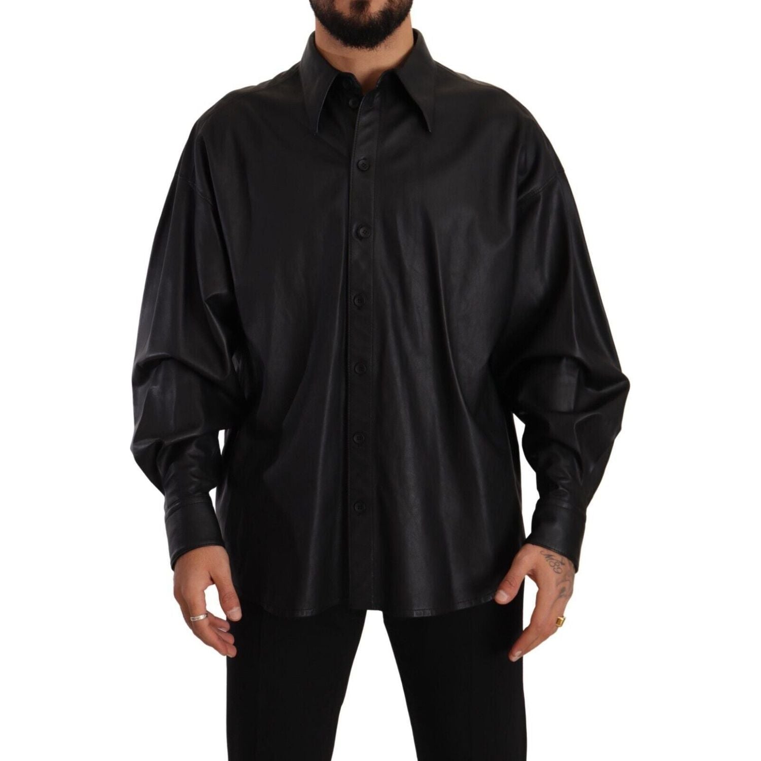 Dolce & Gabbana Black Leather Button Down Men Collared Jacket