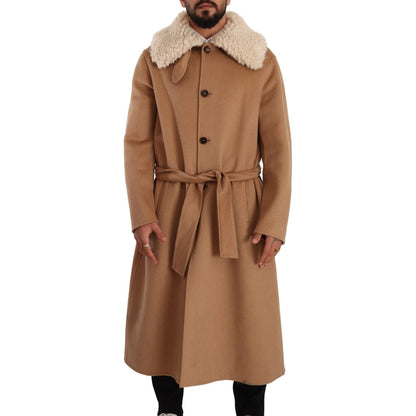 Dolce & Gabbana Beige Camel Skin Cashmere Shearling Overcoat Jacket