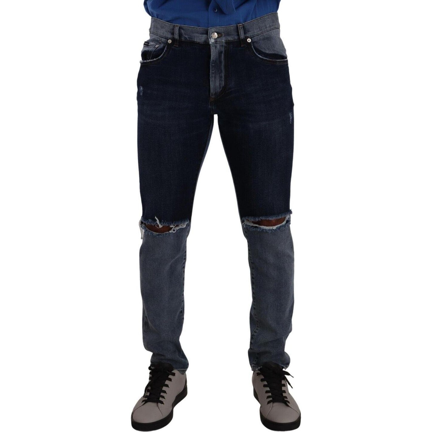 Dolce & Gabbana Blue Two Tone Tattered Cotton Slim Denim Jeans