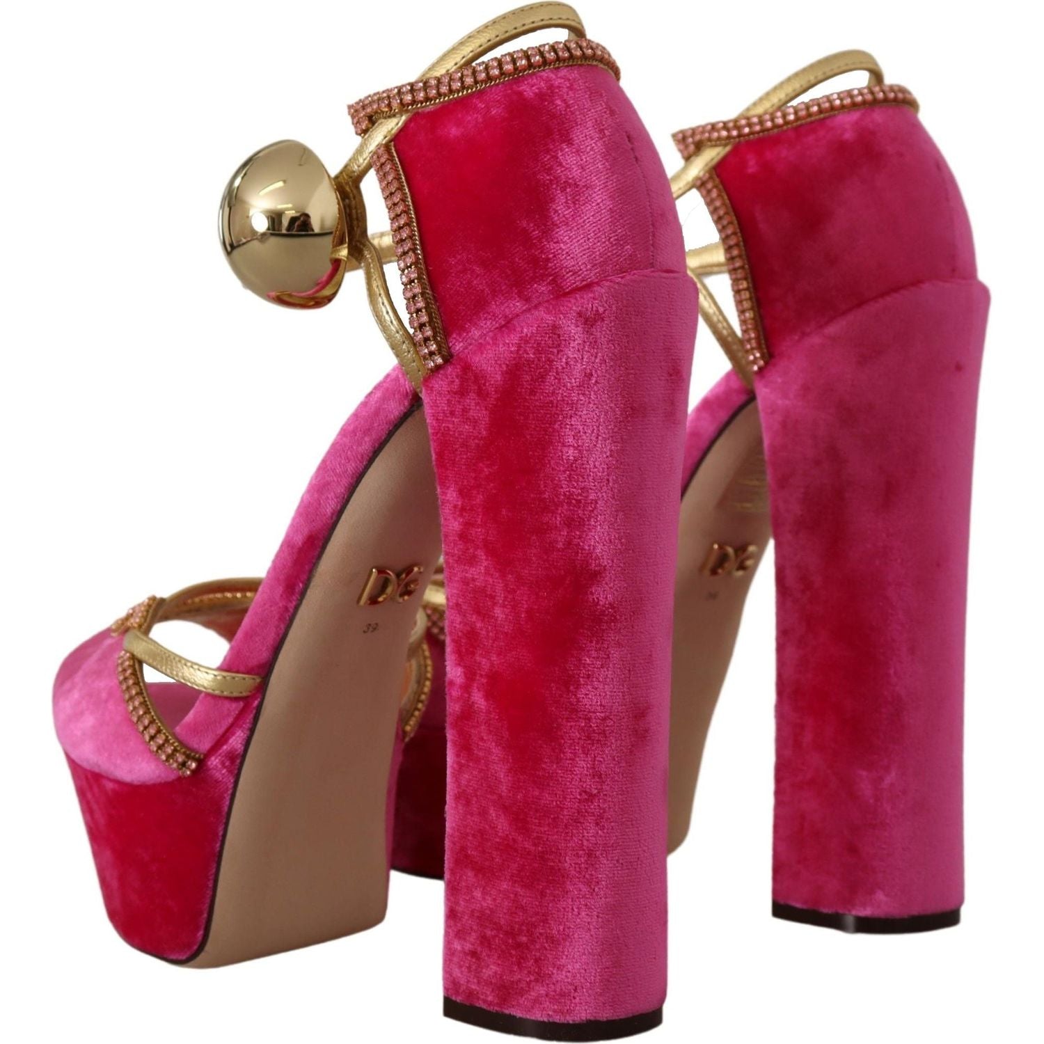 Dolce & Gabbana Pink Velvet Crystal Ankle Strap Sandals Shoes