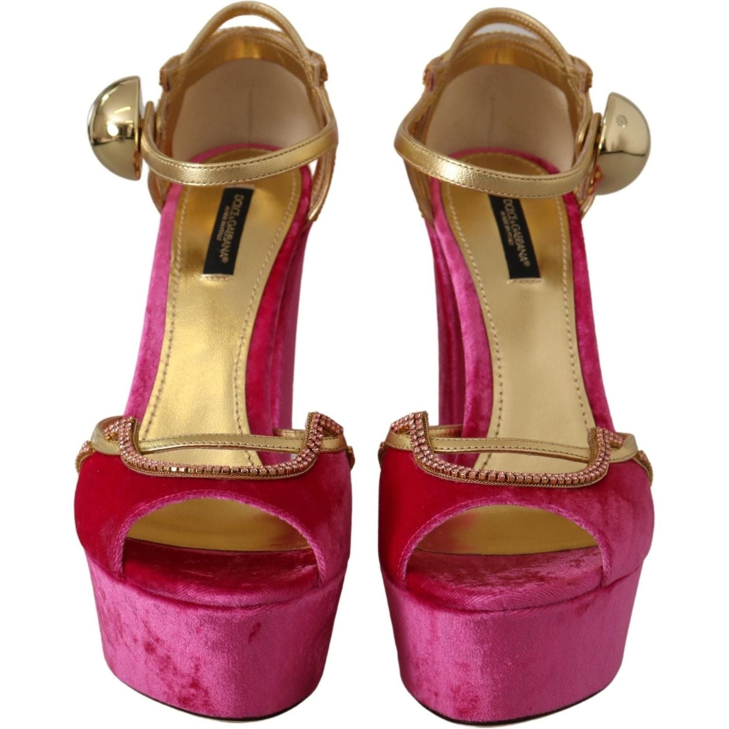 Dolce & Gabbana Pink Velvet Crystal Ankle Strap Sandals Shoes