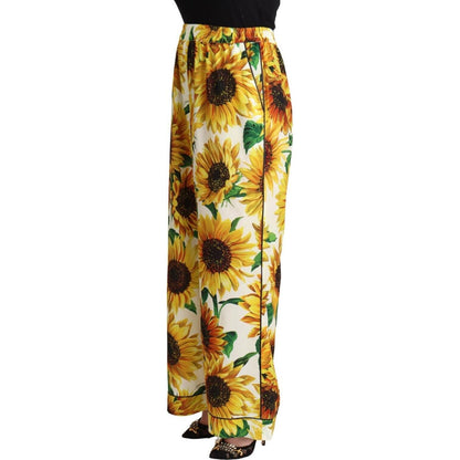 Dolce & Gabbana White Sunflower Print Mid Waist Wide Leg Pants