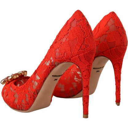Dolce & Gabbana Red Taormina Lace Crystal Heels Pumps