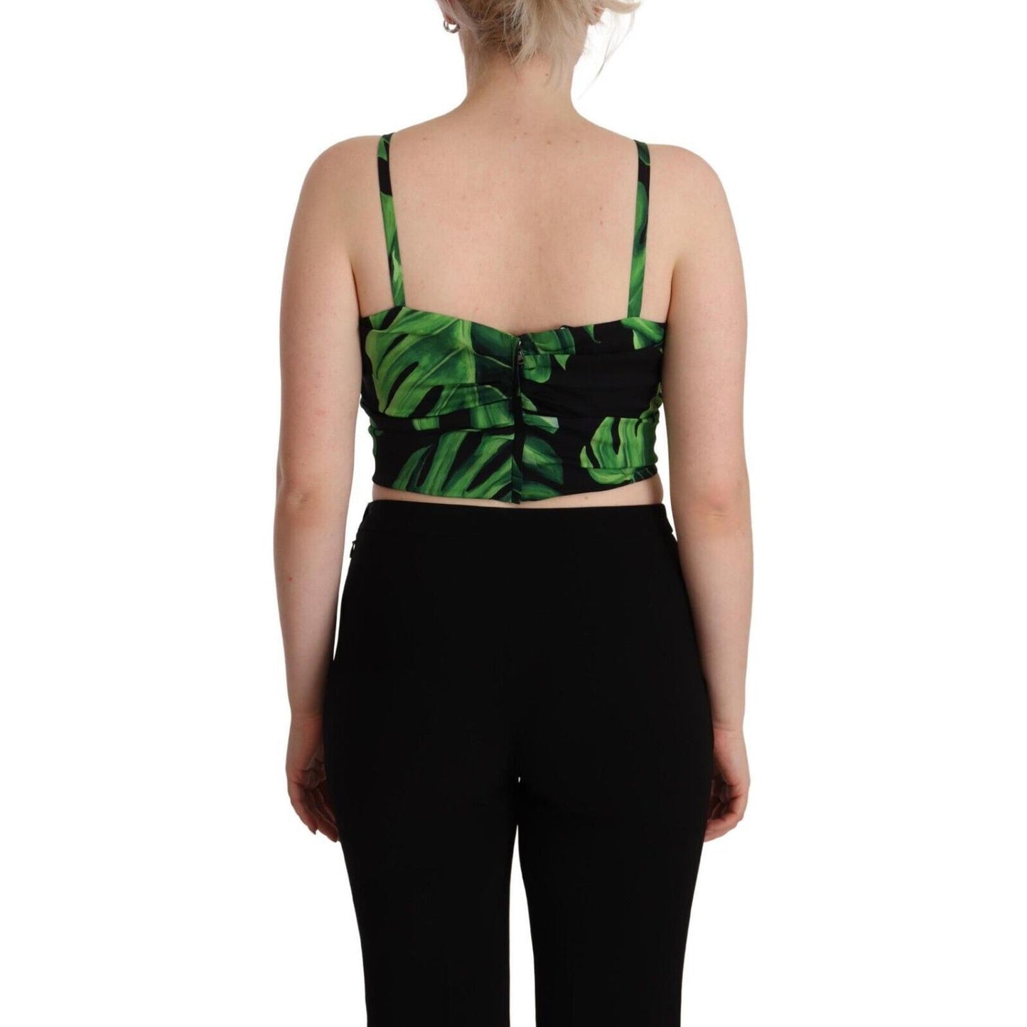 Dolce & Gabbana Black Green Leaf Silk Halter Cropped Top