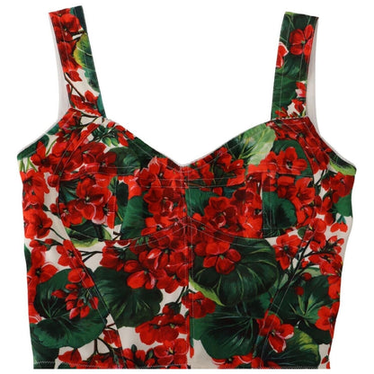 Dolce & Gabbana Red Geranium Print Viscose Sweetheart Cropped Top