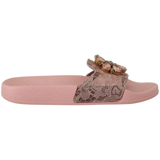 Dolce & Gabbana Floral Lace Crystal Embellished Slide Flats Dolce & Gabbana Rosy Brown