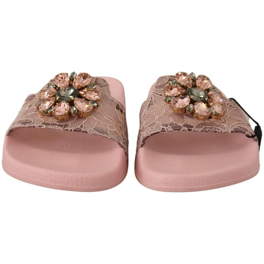 Dolce & Gabbana Floral Lace Crystal Embellished Slide Flats Dolce & Gabbana Rosy Brown