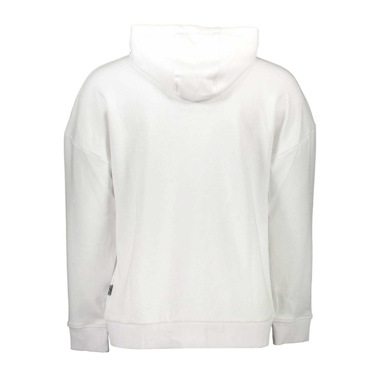 Back view of Plein Sport White Cotton Men Sweater with hood, displaying minimalist design and comfort.