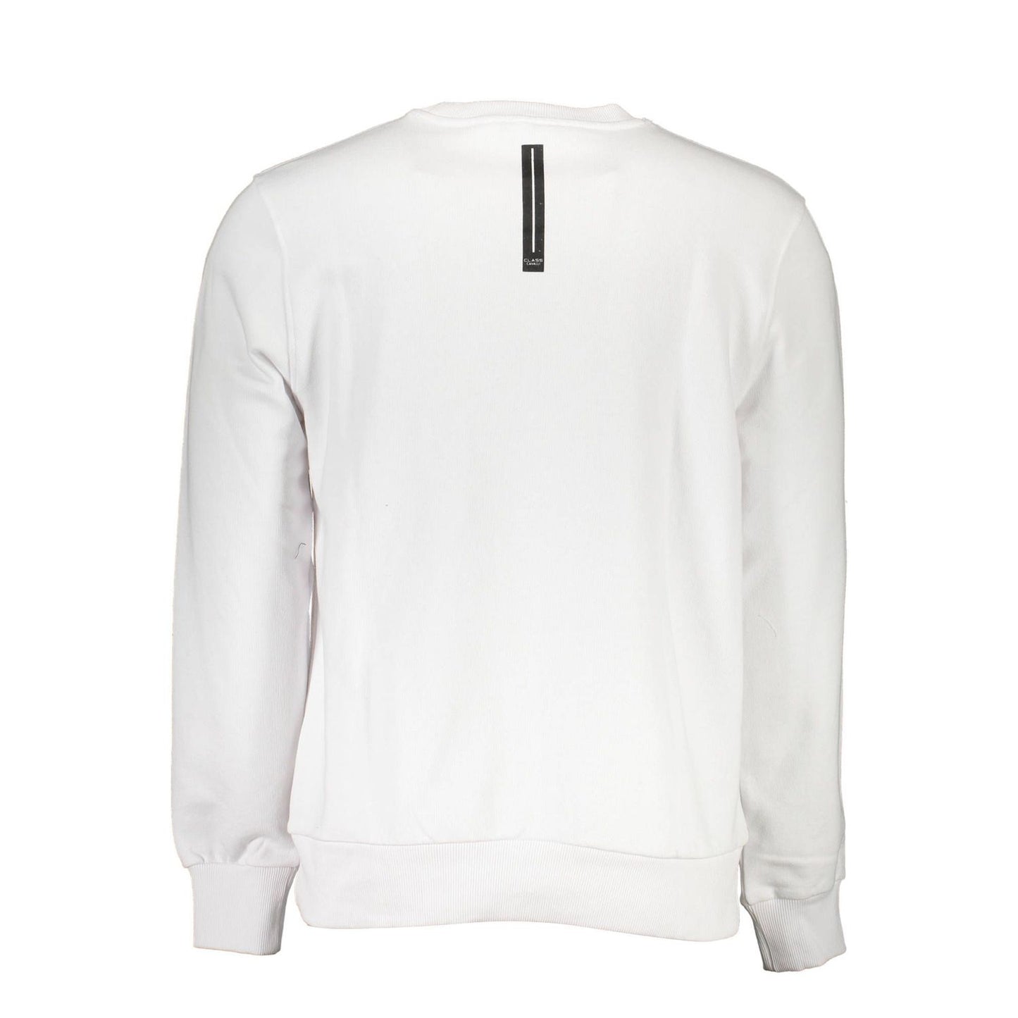 Back view of Cavalli Class White Cotton Men Sweater showcasing long sleeves and stylish design.