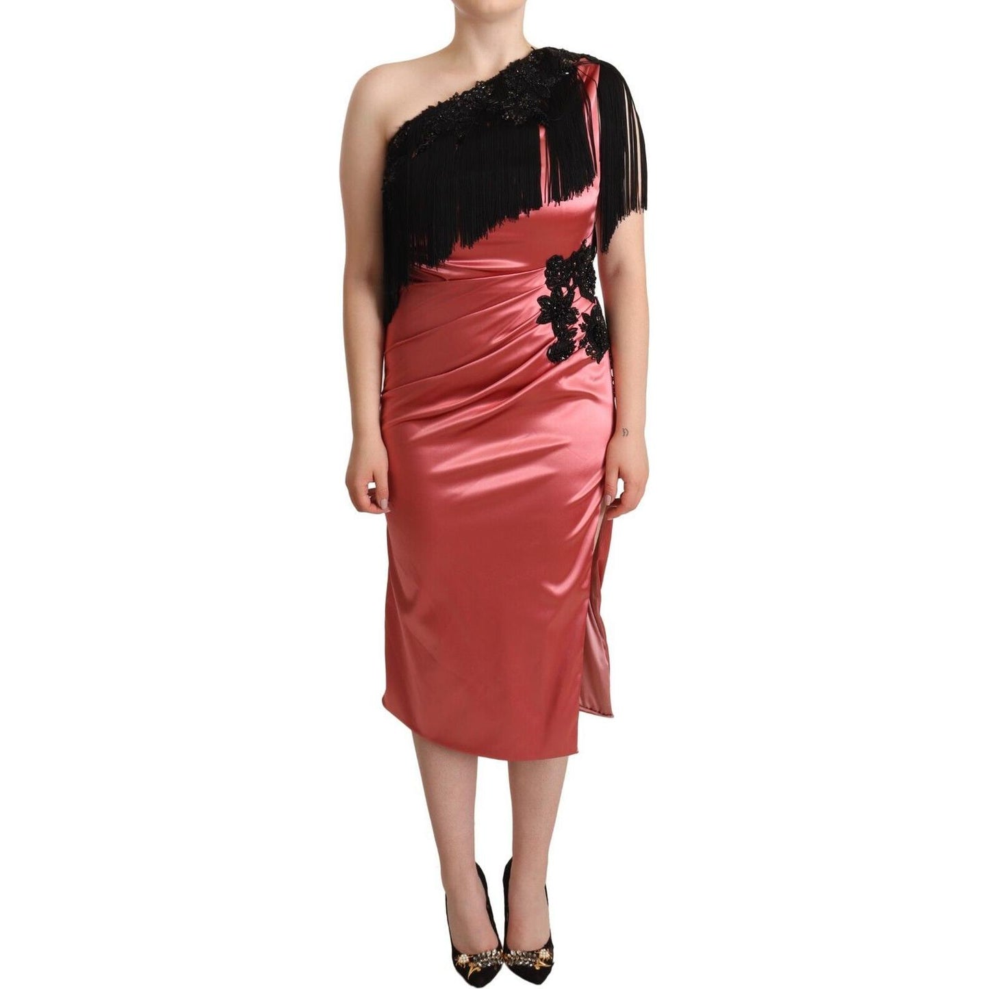 Dolce & Gabbana Elegant Pink Maxi Dress with Black Tassel Accent Dolce & Gabbana Sienna