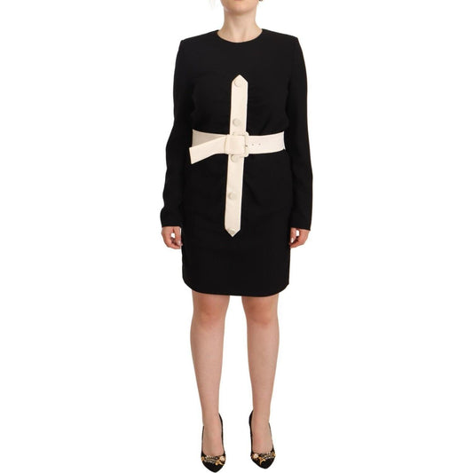Givenchy Elegant Black Wool Mini Dress with Belt Givenchy Tan