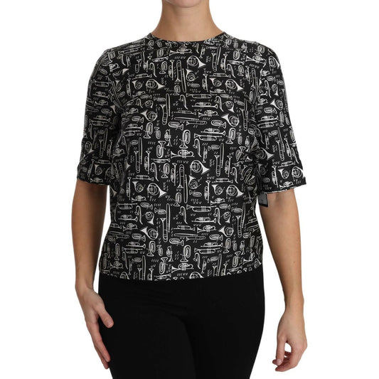 Dolce & Gabbana Exquisite Trumpet Print Silk Blouse Dolce & Gabbana Dark Gray