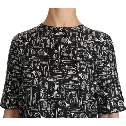 Dolce & Gabbana Black Musical Instruments Print Silk Blouse