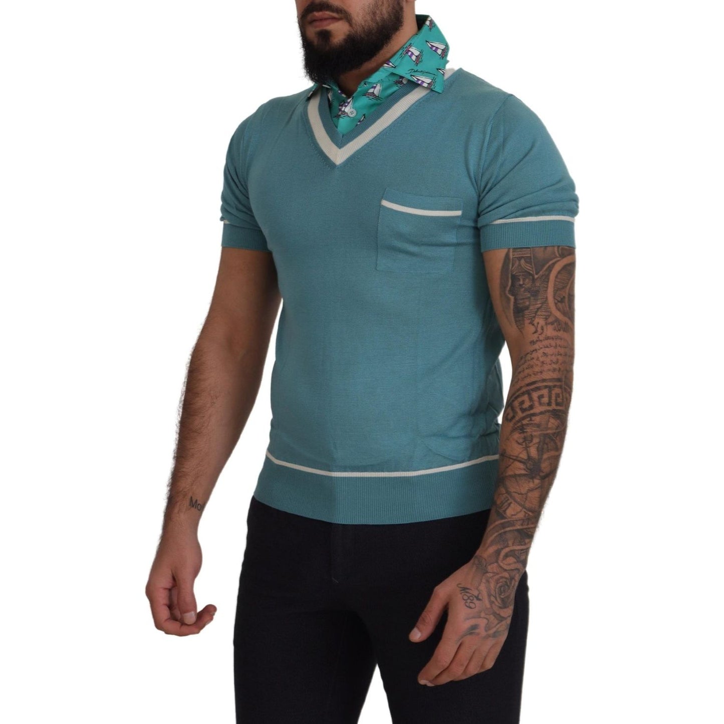 Dolce & Gabbana Blue Silk Polo Top Mens V-neck T-shirt