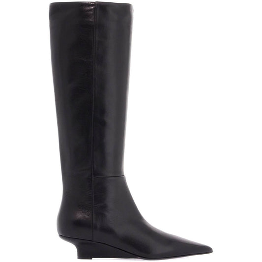 Toteme black leather knee-high boots with low heel and pointed toe Boots Toteme Dark Slate Gray