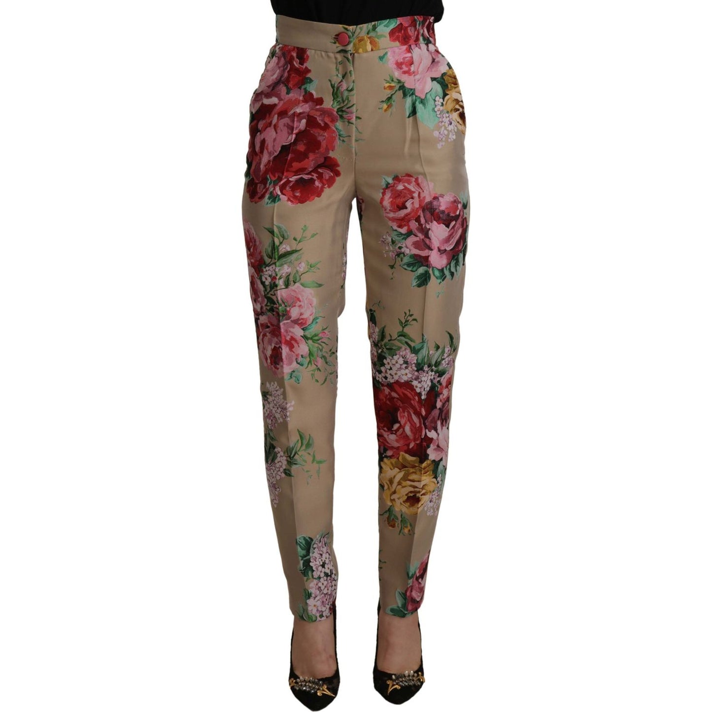 Dolce & Gabbana Beige Floral Dress Formal High Waist Pants