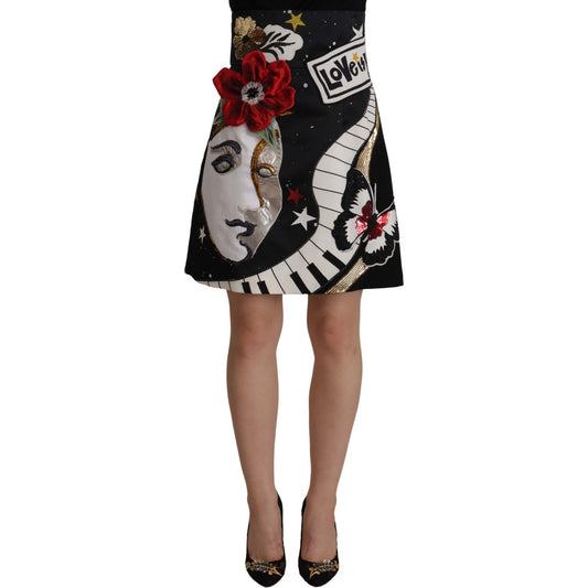 Dolce & Gabbana High-Waist A-Line Embellished Black Skirt Dolce & Gabbana Dim Gray