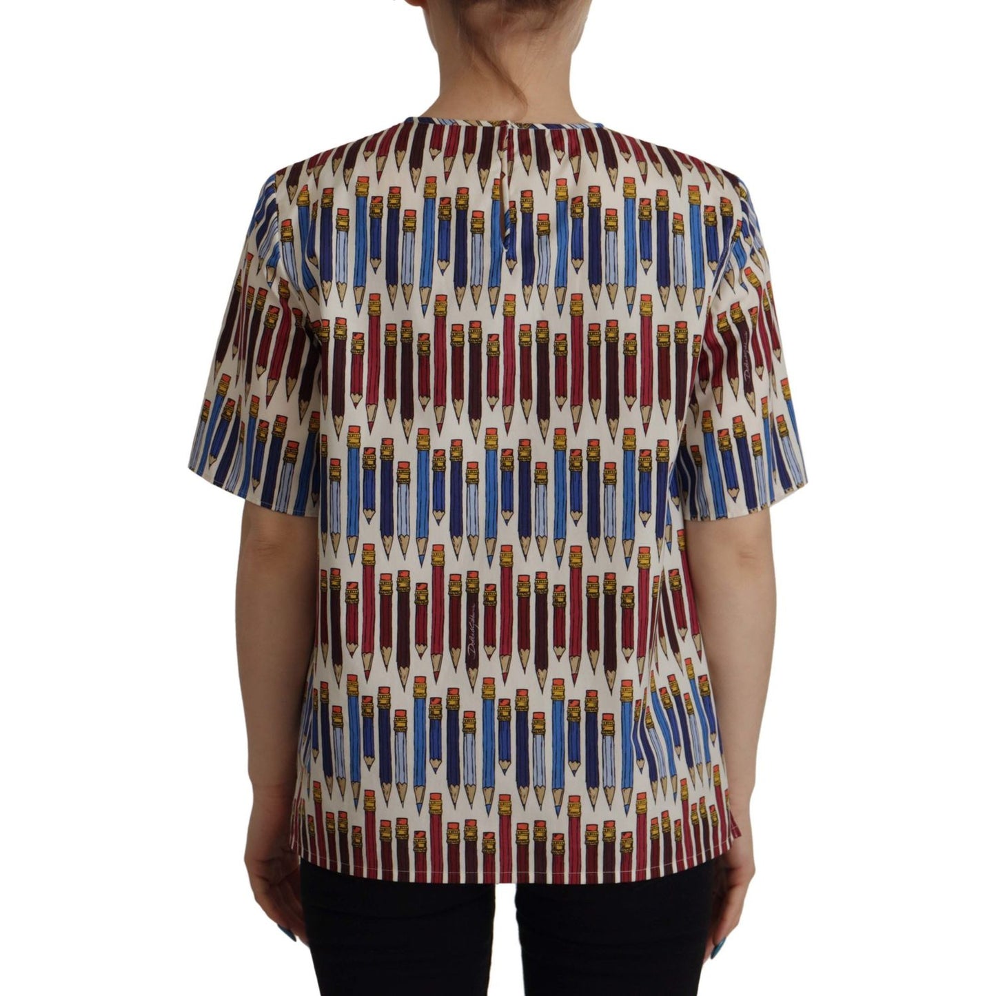 Dolce & Gabbana White Pencil Print Cotton T-shirt Blouse