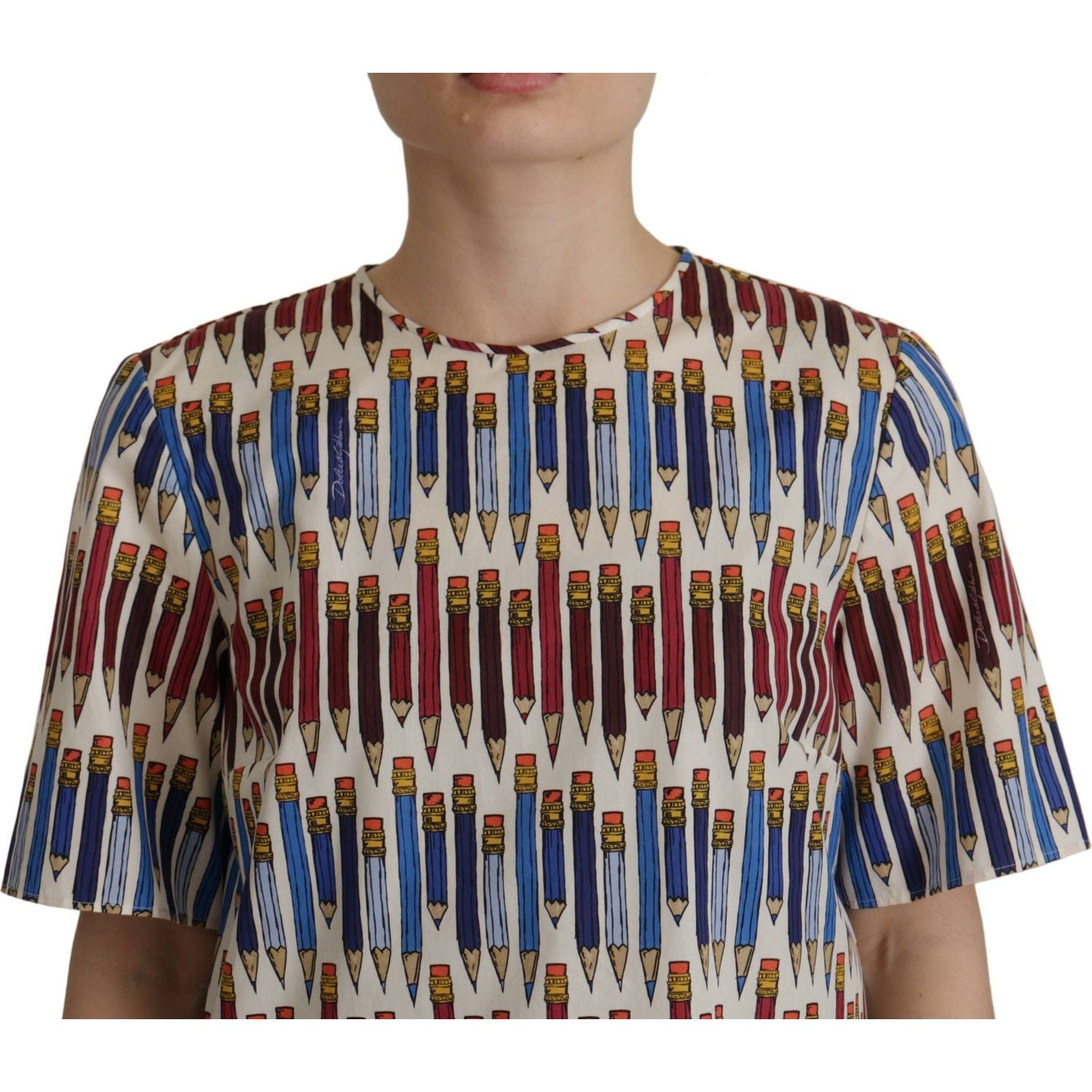 Dolce & Gabbana White Pencil Print Cotton T-shirt Blouse