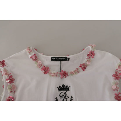 Dolce & Gabbana White DG Crown Floral Sequin T-shirt