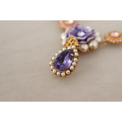 Dolce & Gabbana Gold Brass Crystal Purple Pink Pearl Pendants Necklace Necklace